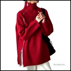 Thick Cotton Turtleneck Sweater with Side Zip Pullover
